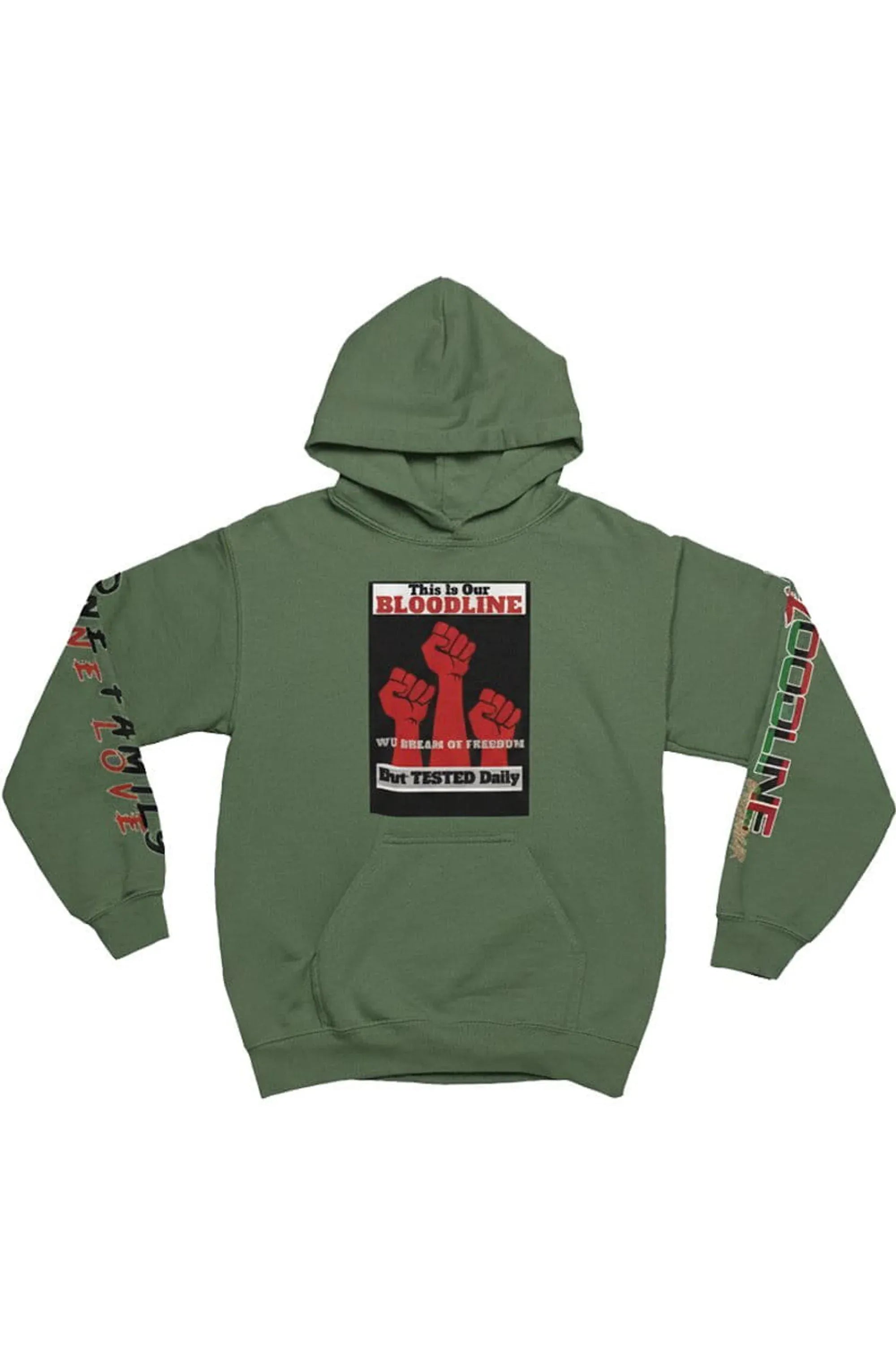 Green hoodie with graphic design on a white background